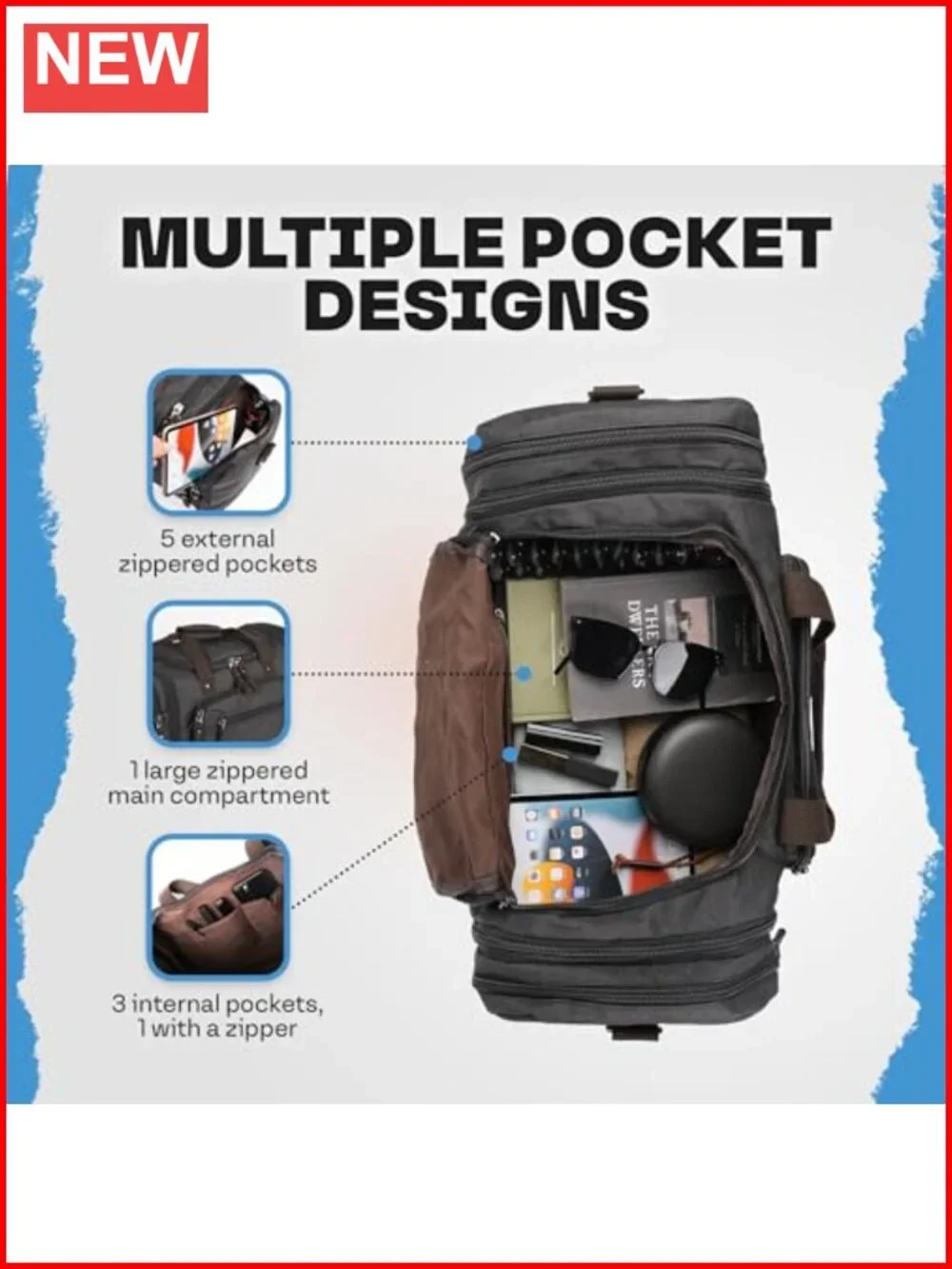 40L Expandable Carry On Duffle Bag with Pockets & Shoulder Strap